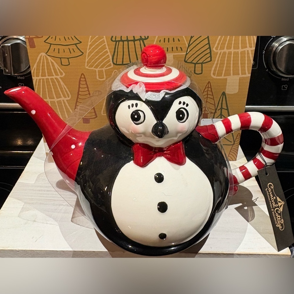 Penguin Themed Teapot with Red and Black Accents
